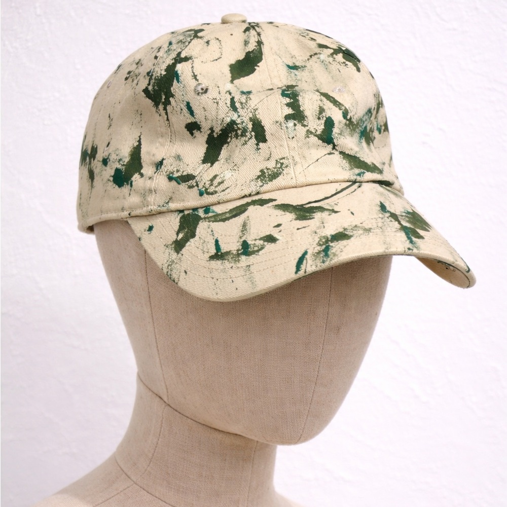 Beige Canvas Cap with Green Paint Splatter